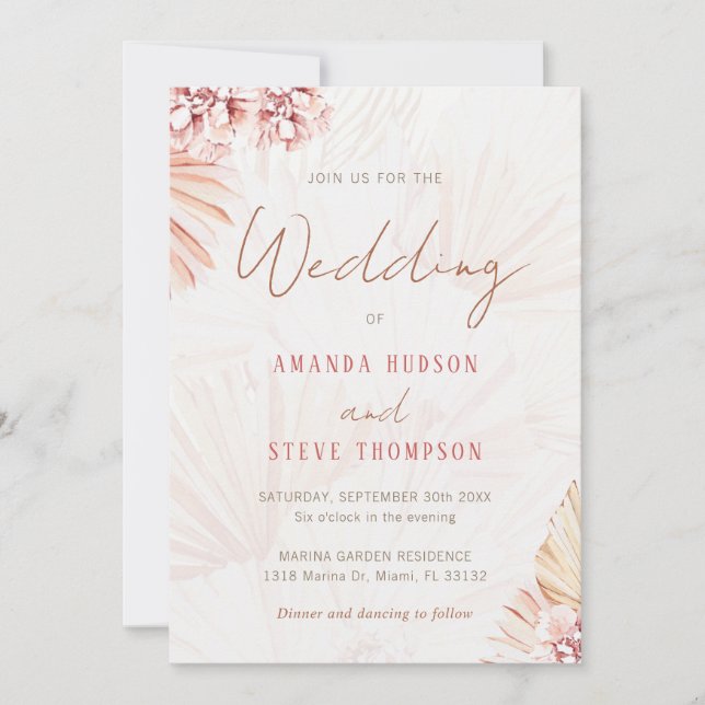 Pampas Grass Boho Floral Bohemian Trendy Wedding Invitation (Front)