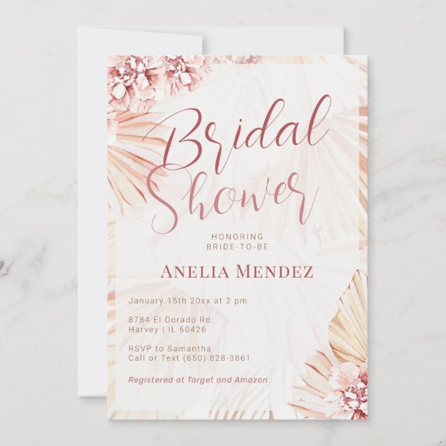 Pampas Grass Boho Floral Bridal Shower Bohemian Invitation (Front)