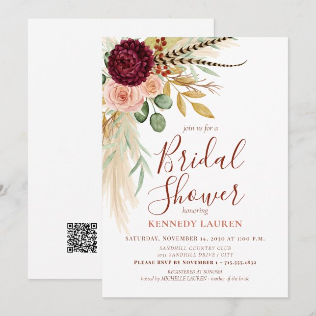 Pampas Grass Boho Floral Bridal Shower QR code Invitation (Front/Back)