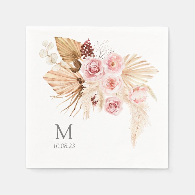Pampas grass Boho Floral Monogram wedding Napkins (Front)