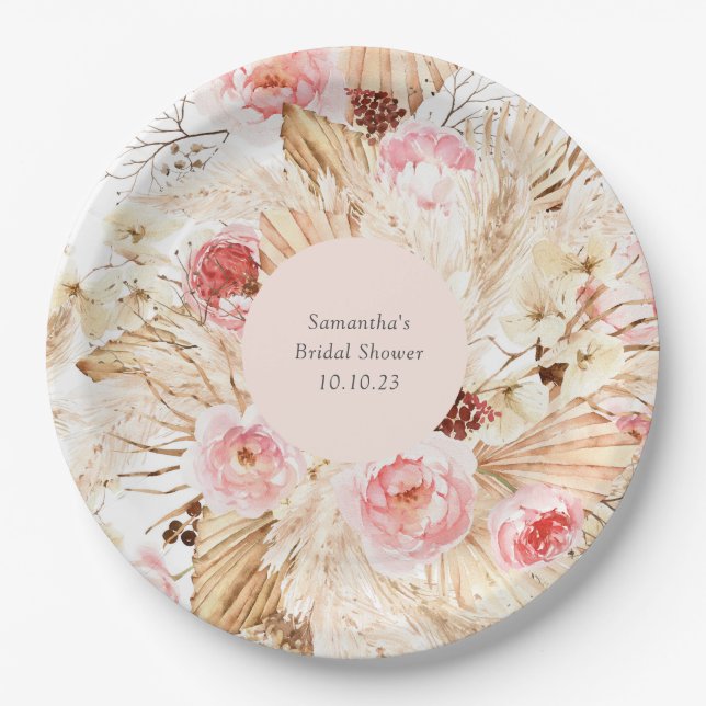 Pampas Grass Boho Floral Patterned Bridal Shower  Paper Plates (Front)