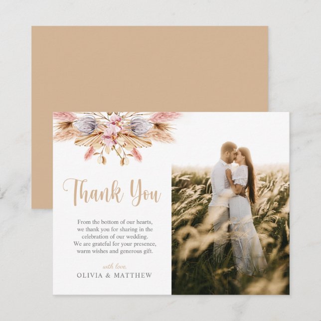 Pampas Grass Boho Floral Photo Wedding Thank You (Front/Back)