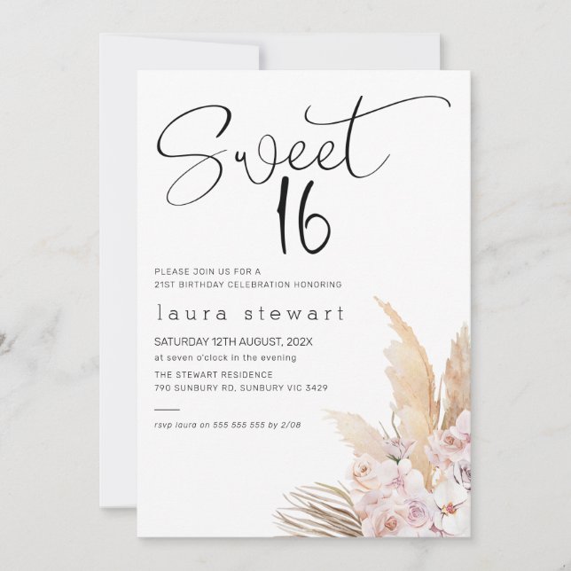 Pampas Grass Boho Floral Sweet 16th Birthday Invitation (Front)