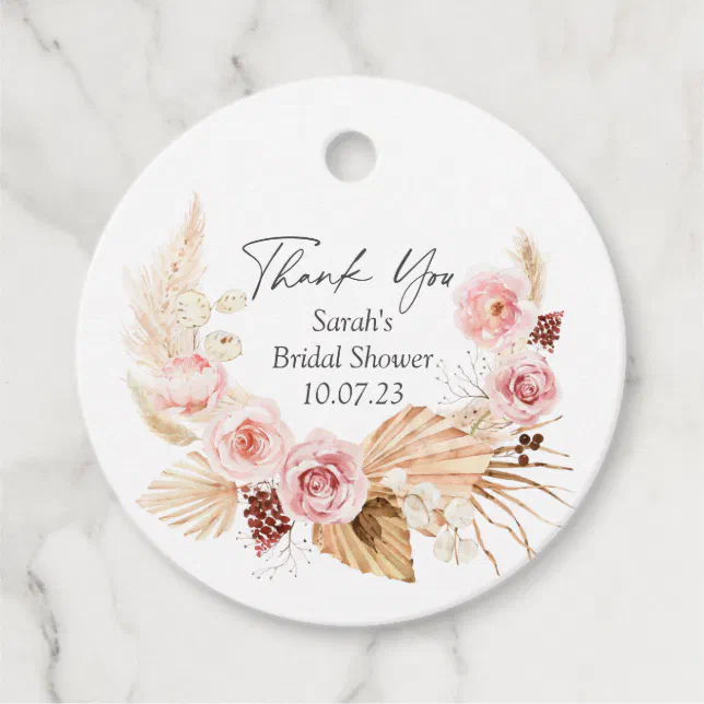 Pampas grass boho floral watercolor bridal shower favor tags | Zazzle