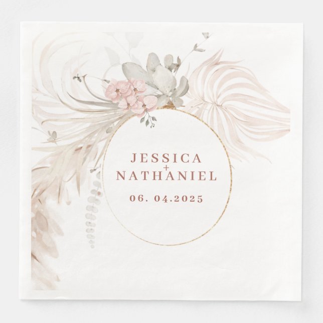 Pampas Grass Boho Floral Wedding Paper Dinner Napkins (Front)