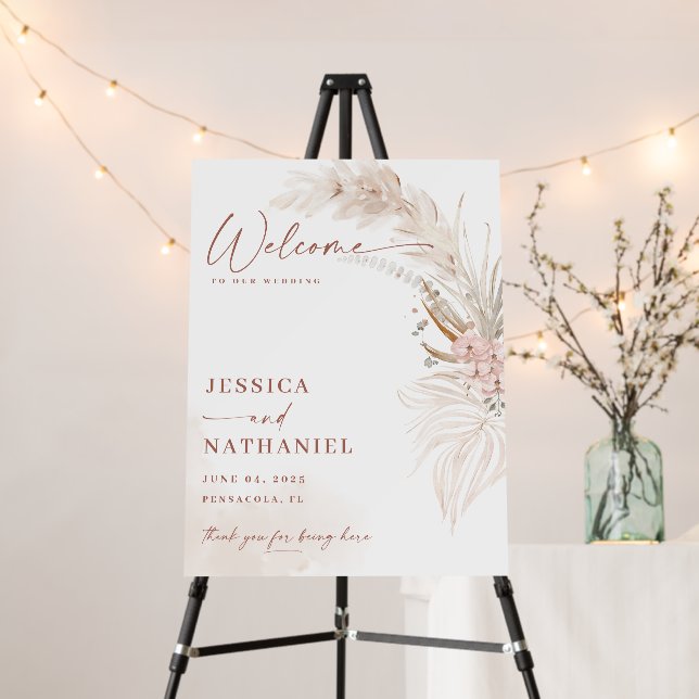 Pampas Grass Boho Floral Wedding Welcome Sign (In Situ (Stand))