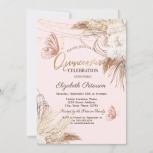 Pampas Grass Boho Flowers Butterflies Quinceañera Invitation