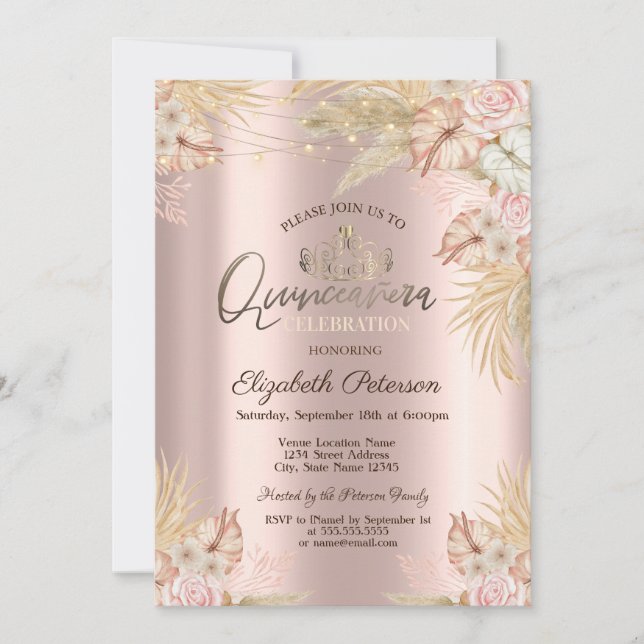  Pampas Grass Boho Flowers Quinceañera  Invitation (Front)