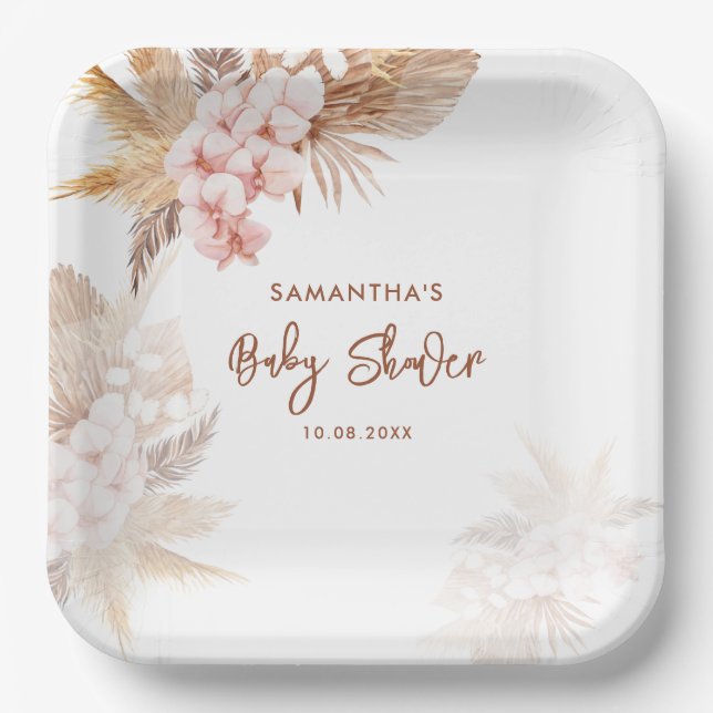 Pampas Grass Boho Girl Baby Shower Paper Plates (Front)