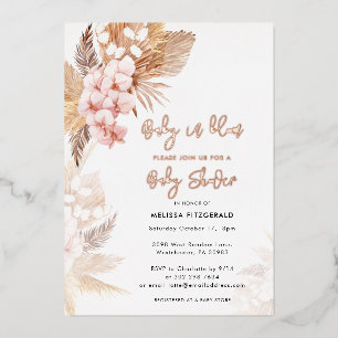 Pampas Grass Boho Girl Baby Shower Rose Gold Foil Invitation