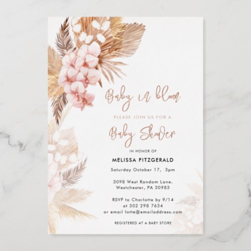 Pampas Grass Boho Girl Baby Shower Rose Gold Foil Invitation