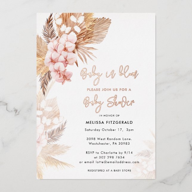 Pampas Grass Boho Girl Baby Shower Rose Gold Foil Invitation (Front)