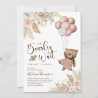 Pampas Grass Boho Girl Bear Baby Shower Invitation