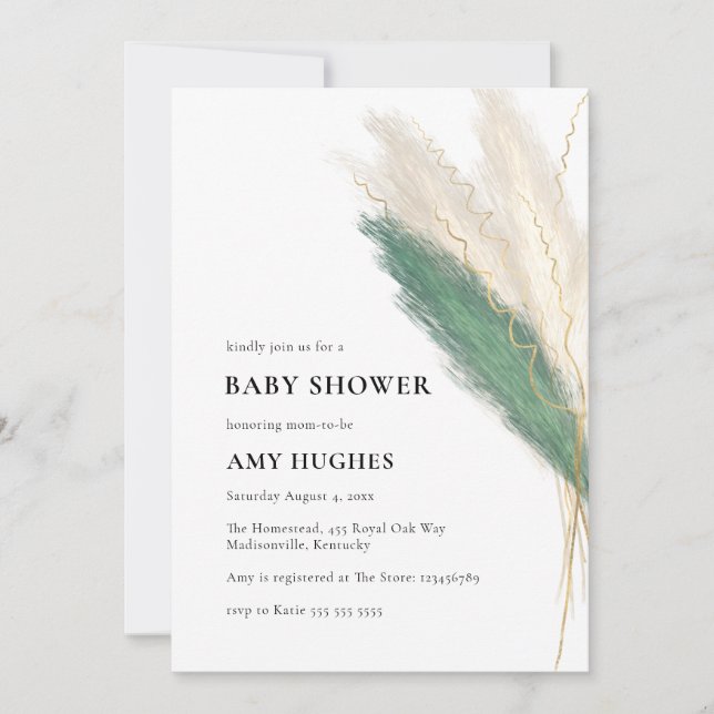 Pampas Grass Boho Green Gold Baby Shower Invitation (Front)
