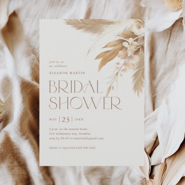 Pampas Grass Boho Neutral Bridal Shower Invitation (Pampas grass elegant type boho neutral bridal shower invitation.)