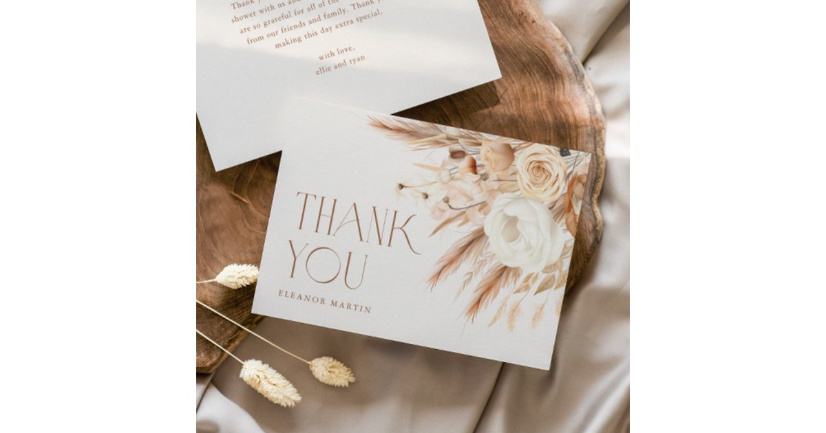 Pampas Grass Boho Neutral Bridal Shower Thank You Card | Zazzle