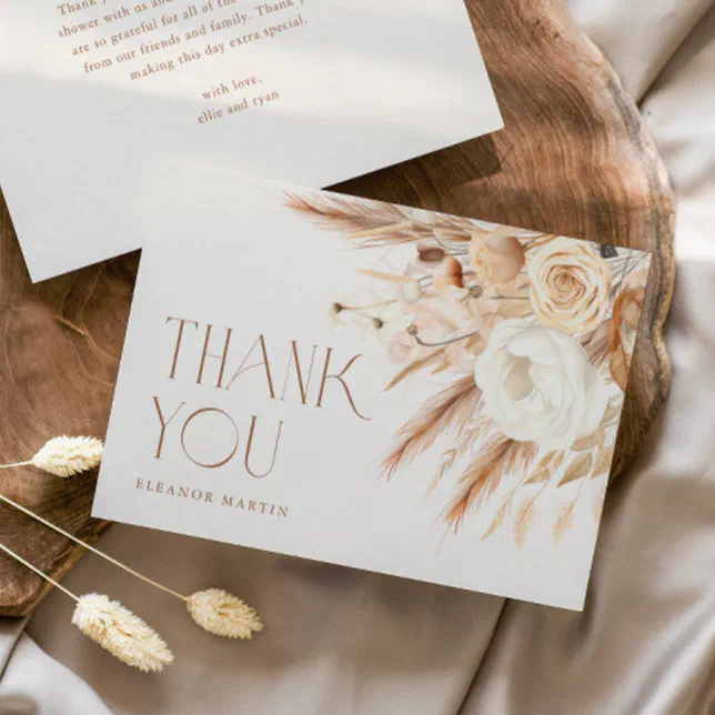Pampas Grass Boho Neutral Bridal Shower Thank You Card | Zazzle