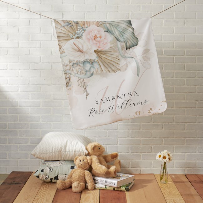 Pampas Grass Boho pastel floral Baby Girl Name Baby Blanket