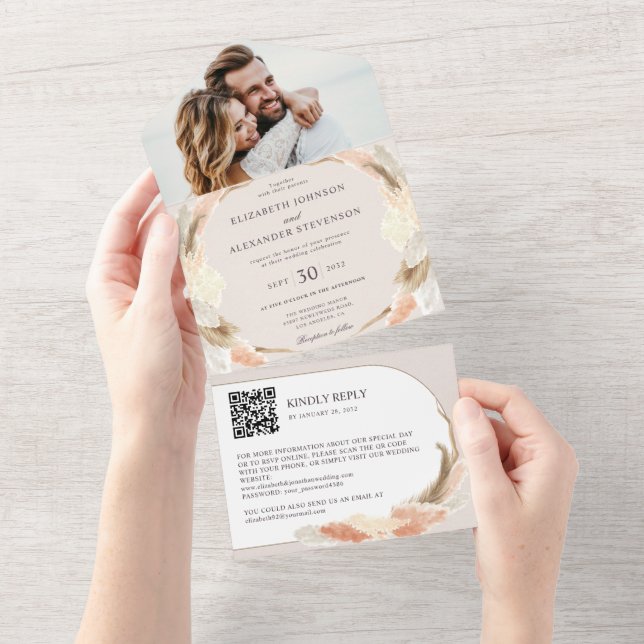 Pampas grass boho photo QR code wedding All In One Invitation (Tearaway)