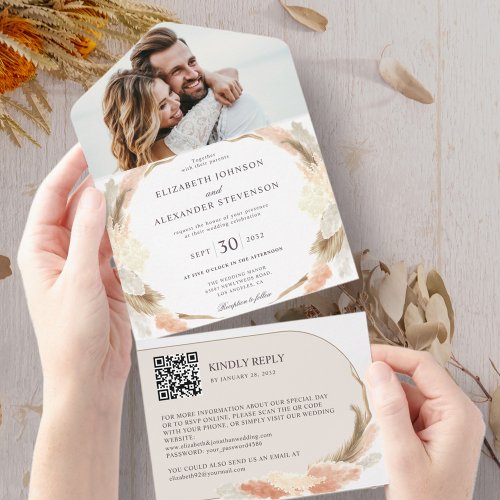 Pampas grass boho photo QR code wedding All In One Invitation