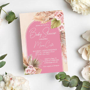 Pampas grass boho pink arch baby shower invitation