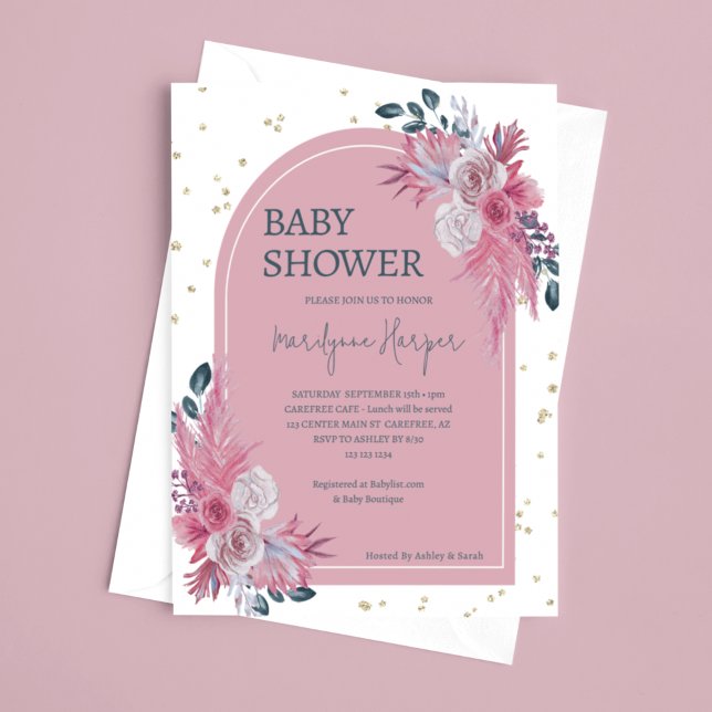 Pampas Grass Boho Pink Baby Shower Invitation (Creator Uploaded)
