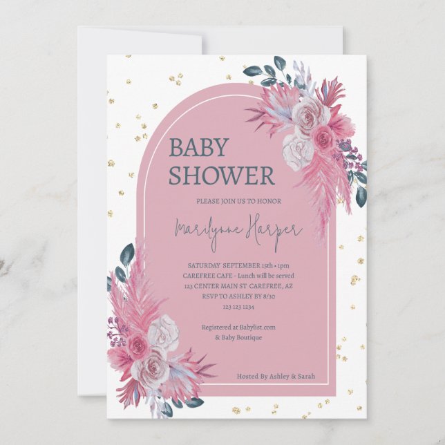 Pampas Grass Boho Pink Baby Shower Invitation (Front)