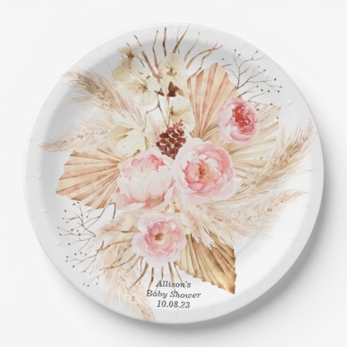 Pampas Grass Boho Pink Floral Baby Girl Shower Paper Plates