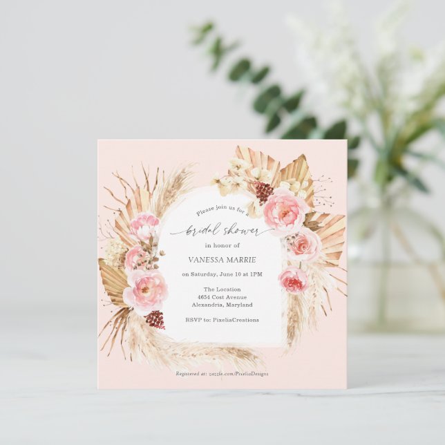 Pampas Grass Boho Pink Floral Bridal Shower Invita Invitation (Standing Front)