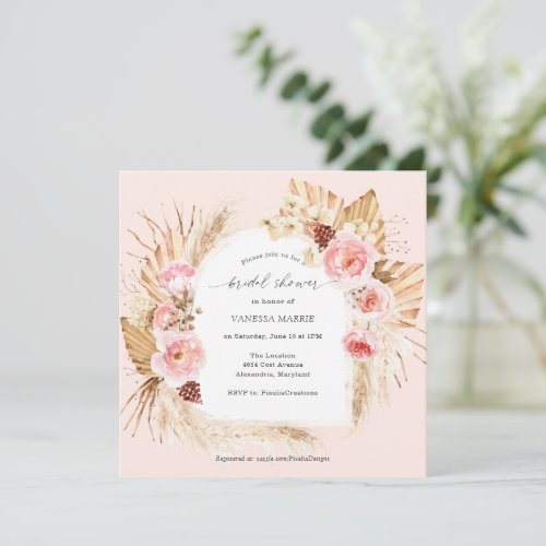 Pampas Grass Boho Pink Floral Bridal Shower Invita Invitation