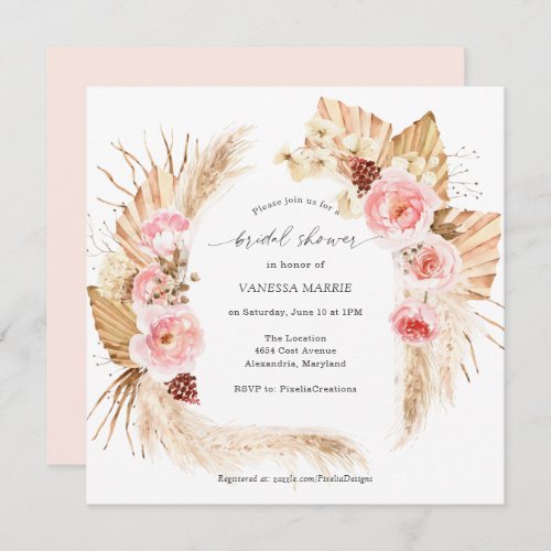 Pampas Grass Boho Pink Floral Bridal Shower Invitation