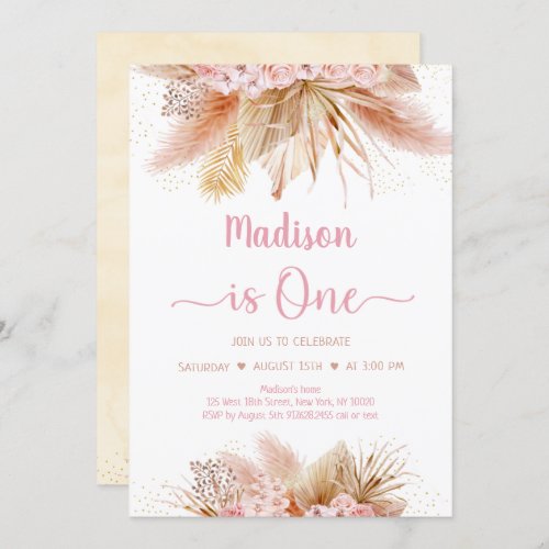 Pampas Grass Boho Pink Floral First Birthday Invitation