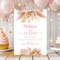 Pampas Grass Boho Pink Floral First Birthday Invitation