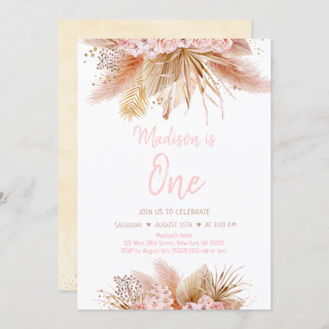 Pampas Grass Boho Pink Floral Girl Birthday Invitation | Zazzle