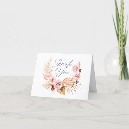 Pampas Grass Boho pink Floral wreath Baby Girl  Thank You Card