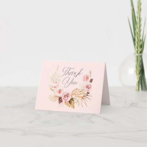 Pampas Grass Boho pink Floral wreath Baby Shower Thank You Card