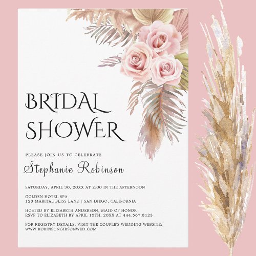 Pampas Grass Boho Rose Floral Bridal Shower Invitation