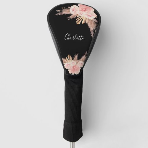 Pampas grass boho rose gold floral black name golf head cover