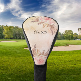 Pampas grass boho rose gold floral pink name golf head cover