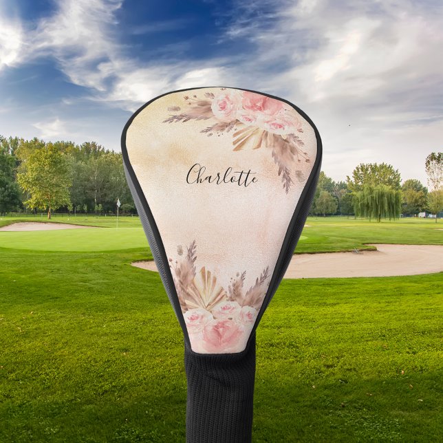 Pampas grass boho rose gold floral pink name golf head cover (Creator Uploaded)