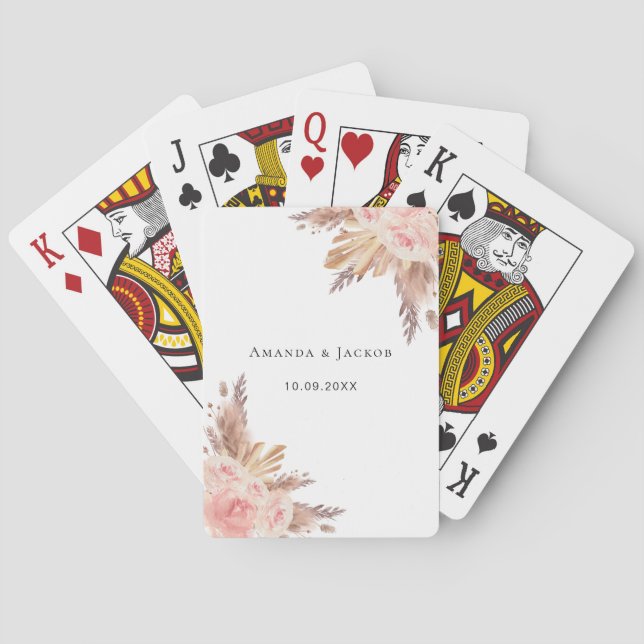 Pampas grass boho rose gold floral white name  poker cards (Back)