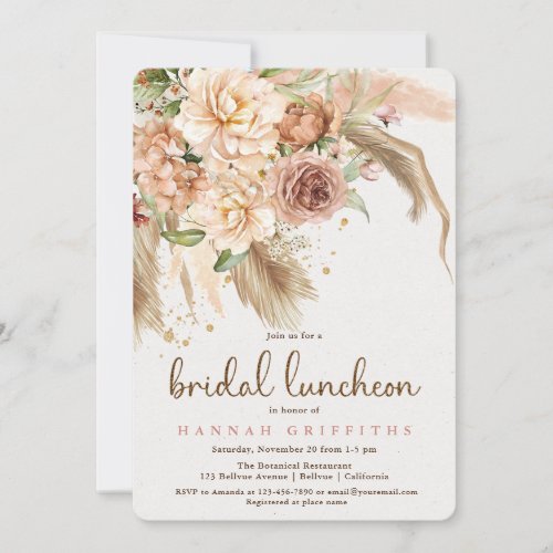 Pampas grass boho roses bridal luncheon invitation