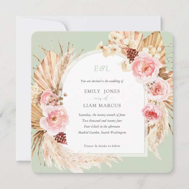 Pampas Grass Boho Sage Green Floral Square Wedding Invitation (Front)