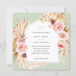 Pampas Grass Boho Sage Green Floral Square Wedding Invitation