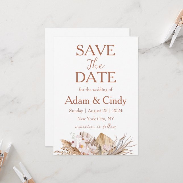 pampas grass boho save the dates invitation (Front/Back In Situ)