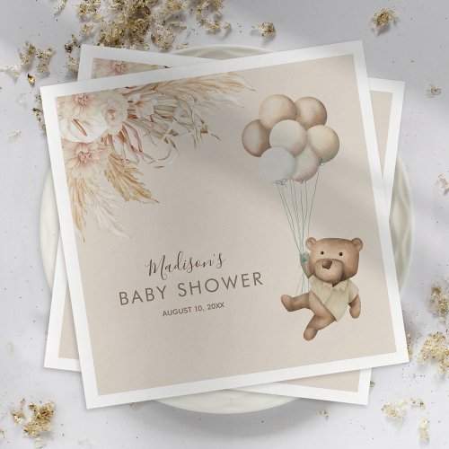 Pampas Grass Boho Teddy Bear Baby Shower Napkins