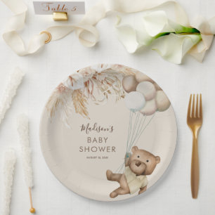 Pampas Grass Boho Teddy Bear Baby Shower Paper Pla Plates