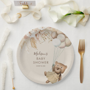 Pampas Grass Boho Teddy Bear Baby Shower Paper Plates
