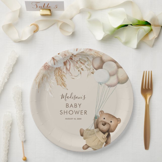 Pampas Grass Boho Teddy Bear Baby Shower Paper Plates (Wedding)