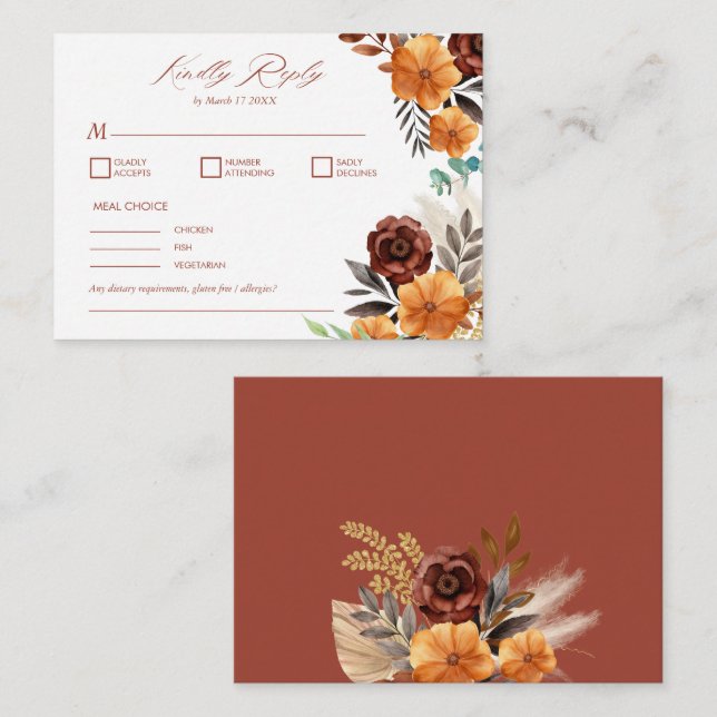 Pampas Grass Boho Terracotta Fall Rustic RSVP Note Card (Front/Back)